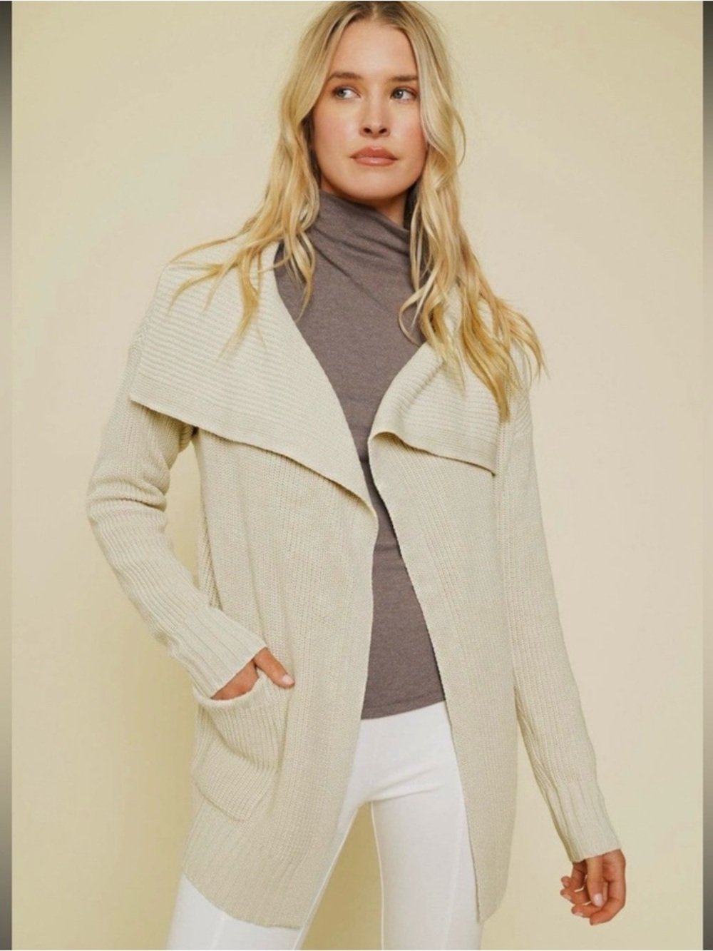 Mystree Cream Open-Front Ribbed Cardigan Sweater